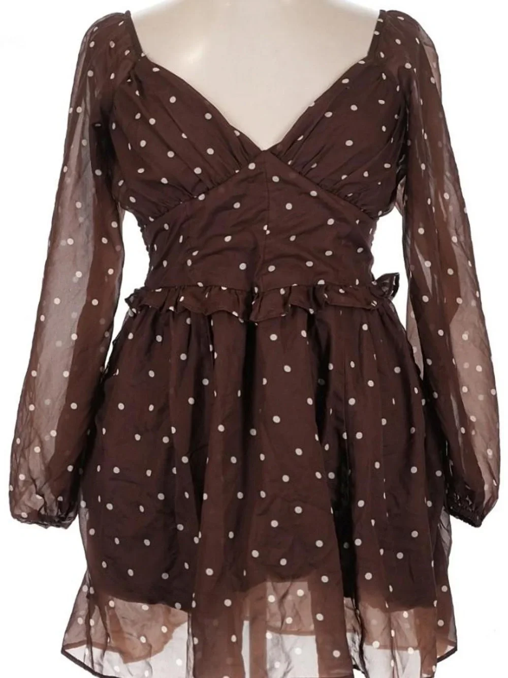Abercrombie & Fitch Brown Polka Dot Puff Long Sleeve Mini Dress - Picture 2 of 3